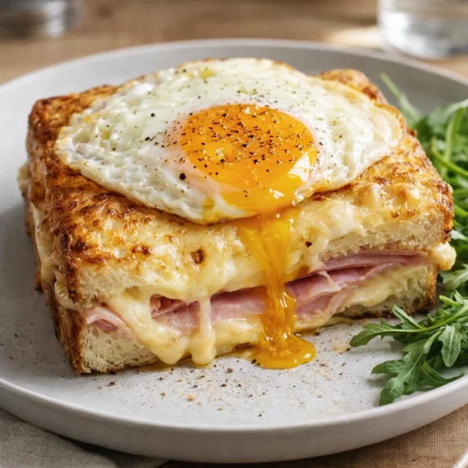 Croque-madame géant au four œuf coulant