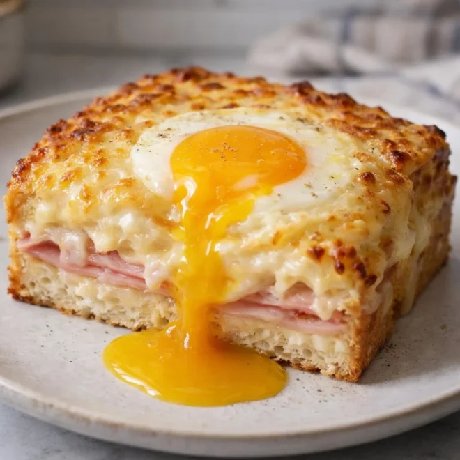 Croque-madame géant au four œuf coulant