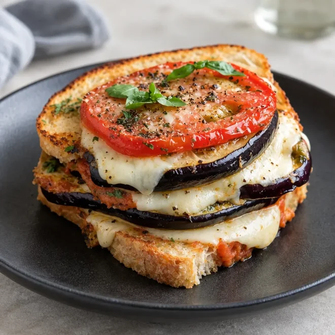 Croque végétarien : aubergines, tomate et mozzarella