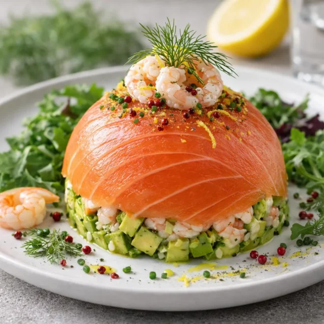 Dômes de saumon fumé avocat crevettes : l’entrée chic