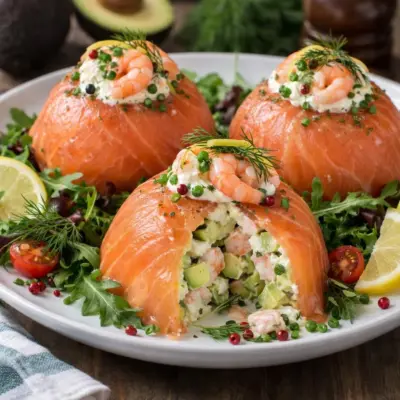 Dômes de saumon fumé, avocat & crevettes roses