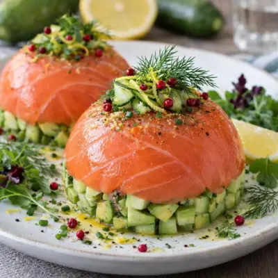 Dômes de saumon fumé concombre avocat, aneth citron