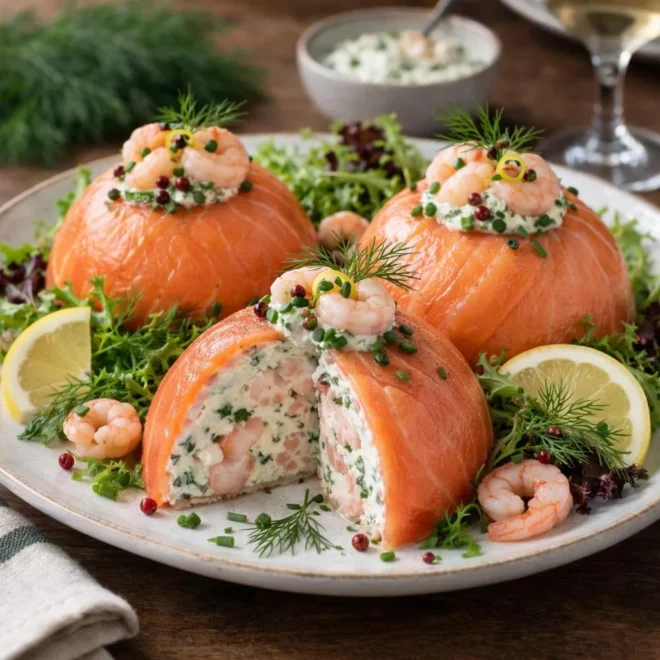 Dômes de saumon fumé aux crevettes et fromage frais