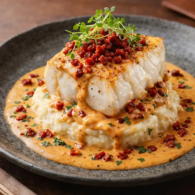 Dos de cabillaud à la crème de chorizo, écrasé