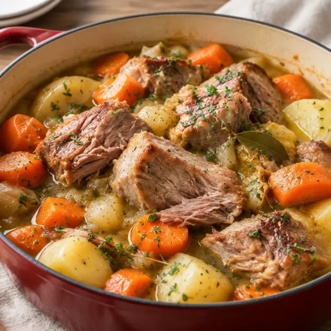 Échine de porc braisée, fondante au vin blanc