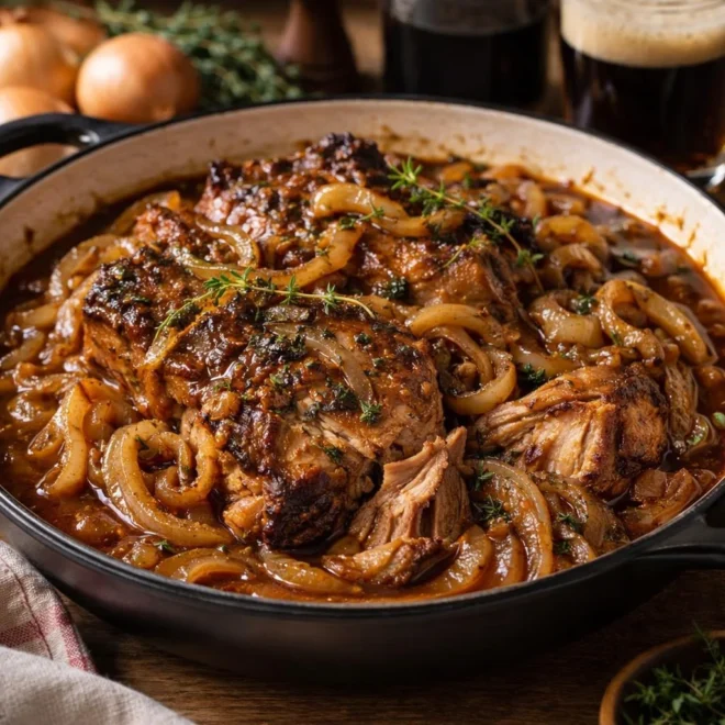 Échine de porc mijotée à la bière et aux oignons
