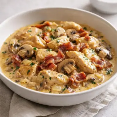 Émincés de poulet à la moutarde, lardons & champignons