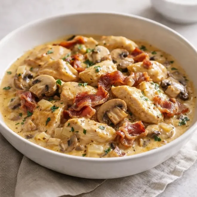 Émincés de poulet à la moutarde, lardons & champignons