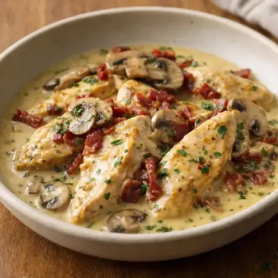 Recette émincés de poulet à la moutarde, lardons & champigno
