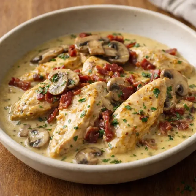 Recette émincés de poulet à la moutarde, lardons & champigno