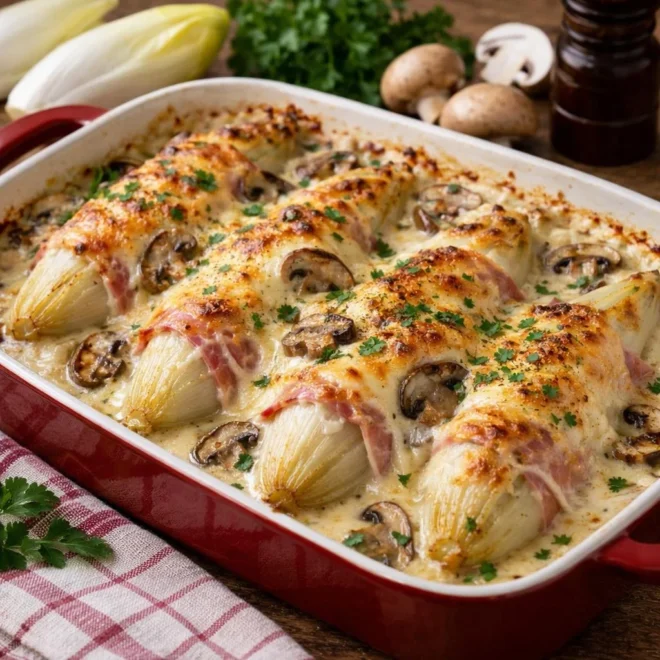 Endives au jambon champignons béchamel gratinée
