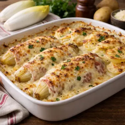 Gratin d’endives au jambon et pommes de terre