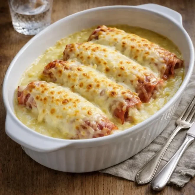 Endives au jambon gratinées : béchamel maison et doré