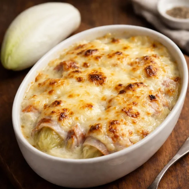 Endives braisées au jambon gratinées au fromage