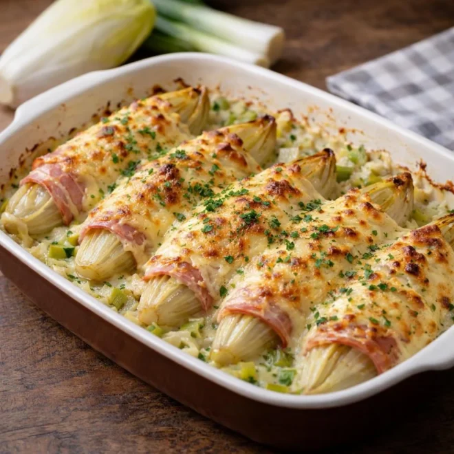 Endives gratinées au jambon, poireaux et fromage