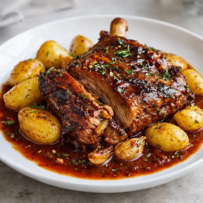 Épaule d’agneau confit au four miel moutarde