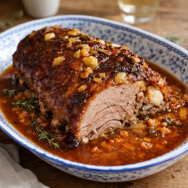 Épaule d’agneau confite au four à l’ail, miel et moutarde (caramélisée)