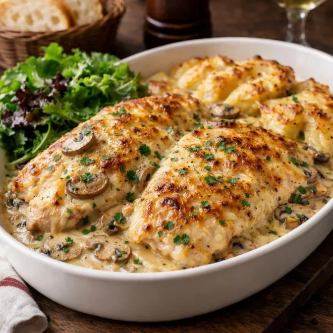 Escalopes de dinde gratinées champignons & pommes de terre