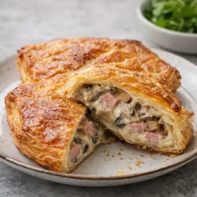 Feuilleté aux champignons et jambon au four