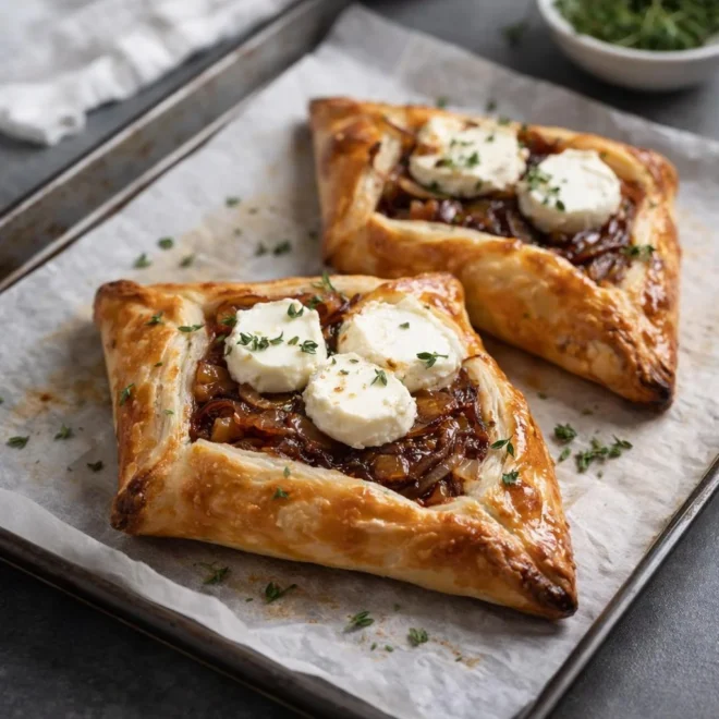 Feuilleté au chèvre et oignons caramélisés : doré au four