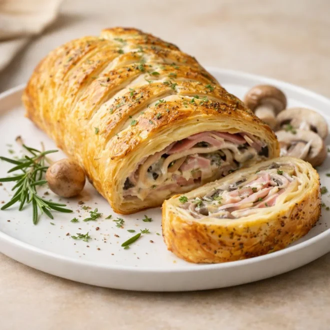 Feuilleté jambon champignons : pâte feuilletée dorée