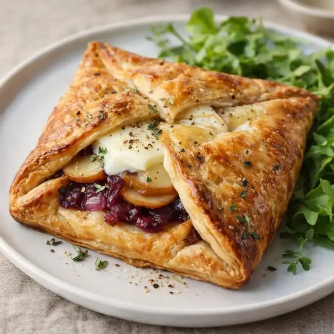 Feuilletés chèvre confit d’oignons rouges pommes