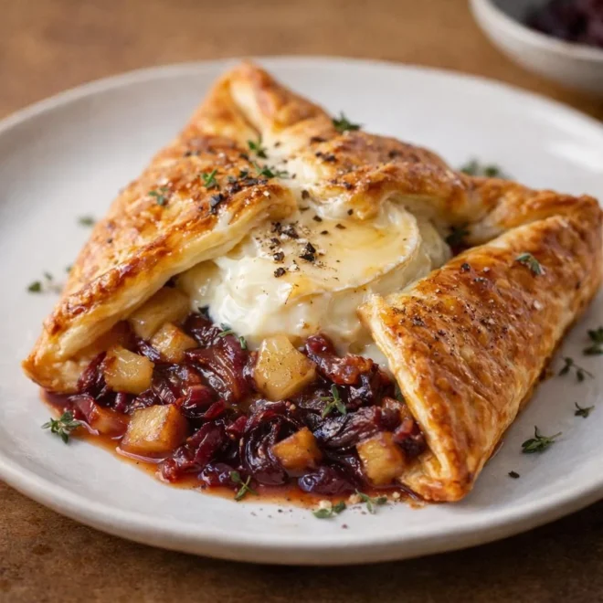 Feuilletés aux chèvre sur confit d’oignons rouges et pommes