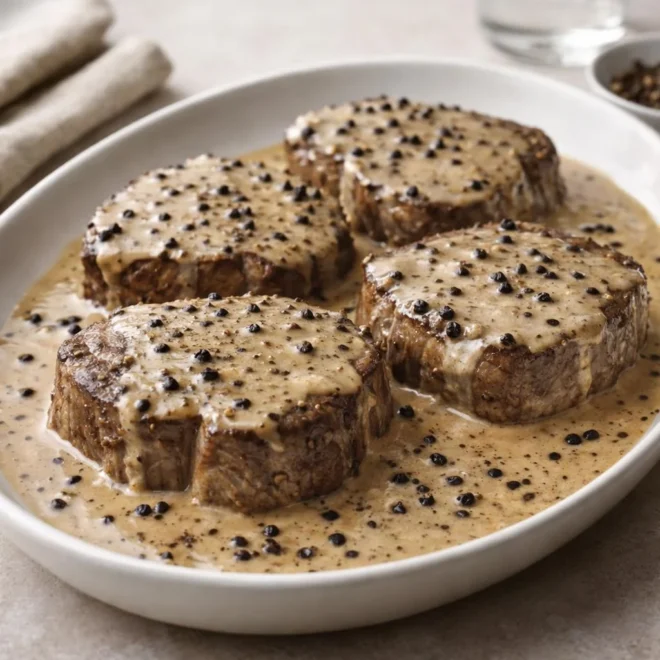 Filet de bœuf sauce crémeuse au poivre (crème, cognac et poivre concassé)