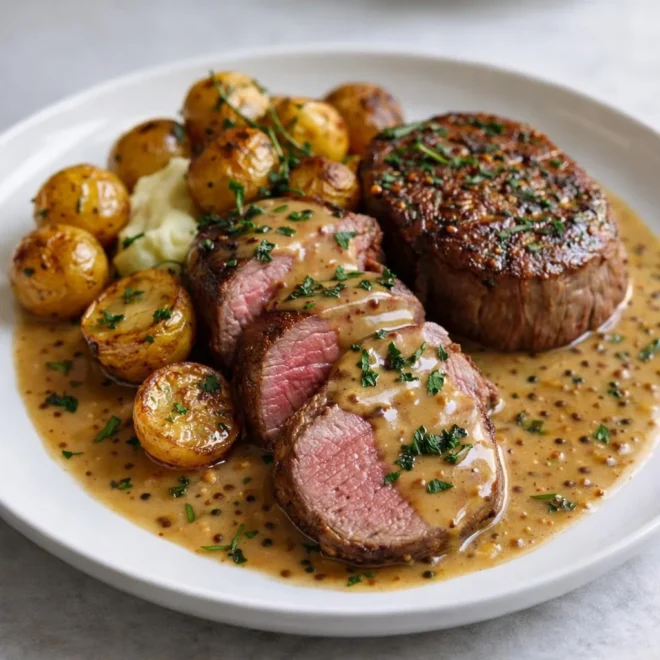 Recette filet mignon miel moutarde sauce crémeuse