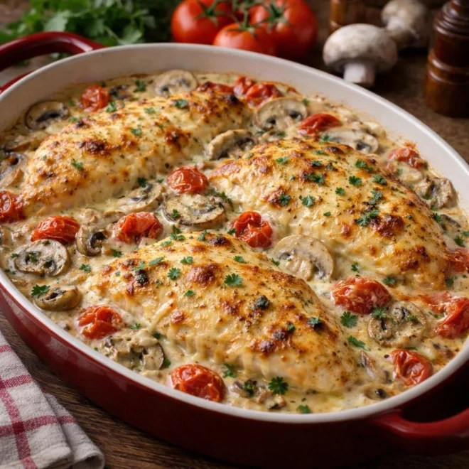 Filets de dinde au fromage champignons tomates au four