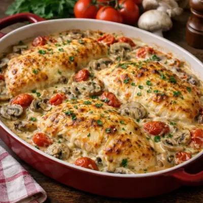 Filets de dinde au fromage, champignons & tomates cerises