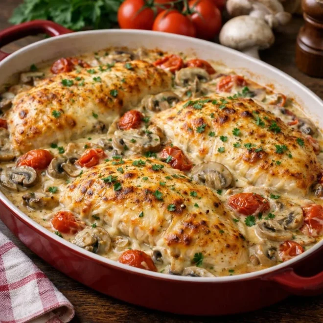 Filets de dinde au fromage, champignons & tomates cerises