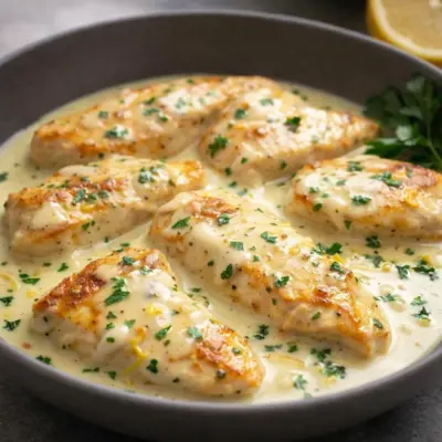 Filets de poulet tendres sauce crème citronnée à l’ail