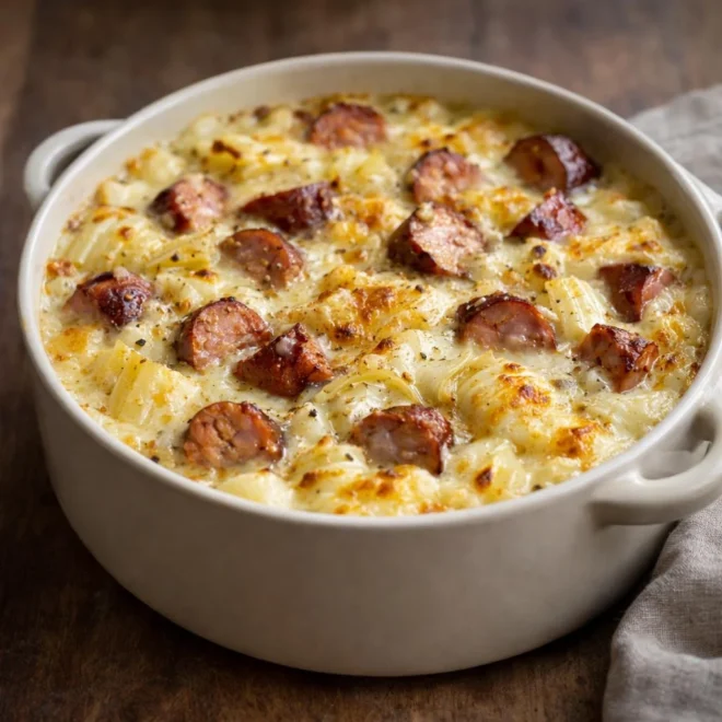 Fondue d’endives aux saucisses fumées au gratin
