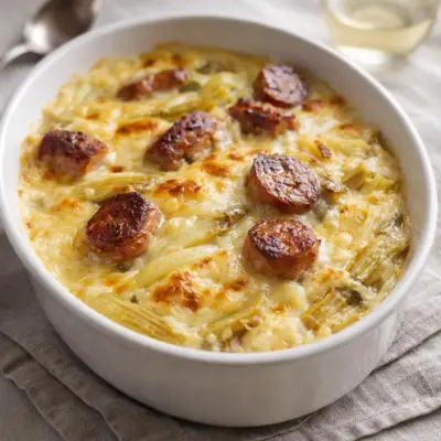 Fondue d’endives aux saucisses fumées au gruyère