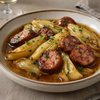 Fondue d’endives aux saucisses fumées au vin blanc