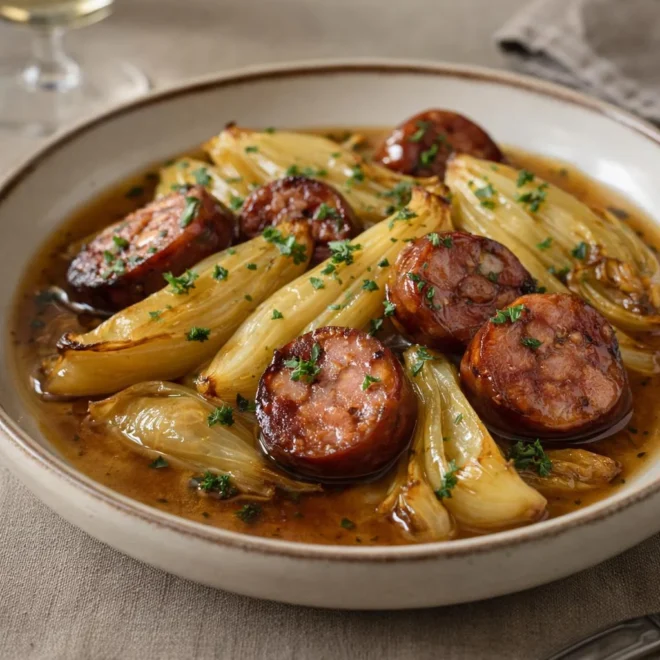 Fondue d’endives aux saucisses fumées au vin blanc