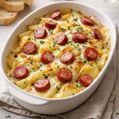 Fondue d’endives aux saucisses fumées au gruyère