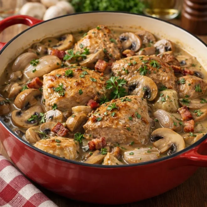 Fricassée de porc aux champignons et vin blanc