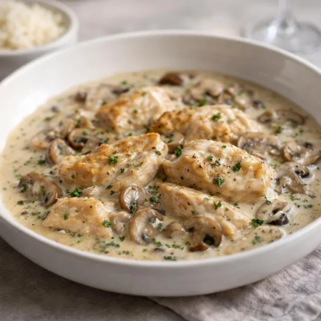 Poulet aux champignons sauce crème au vin blanc