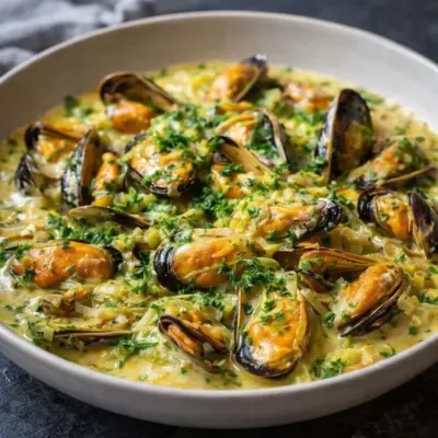 Fricassée de moules au poireau au vin blanc
