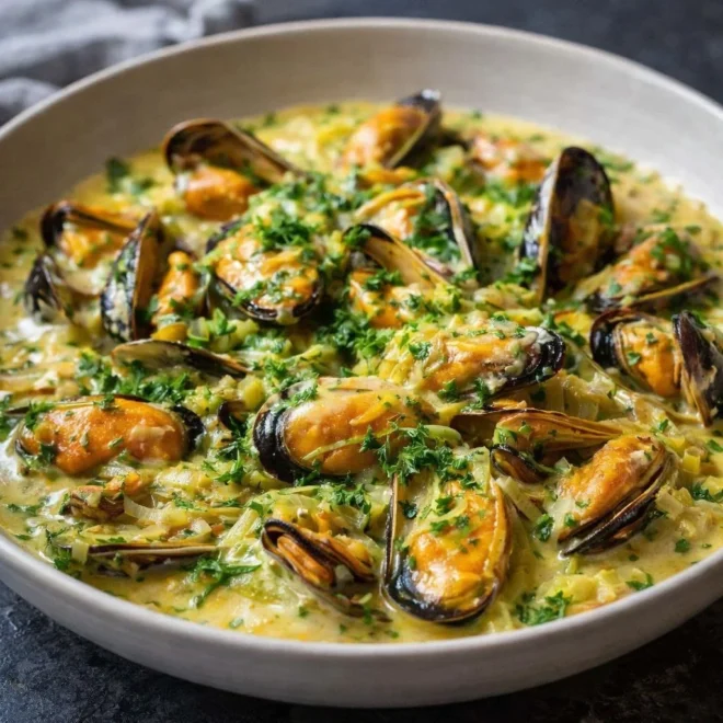 Fricassée de moules au poireau au vin blanc