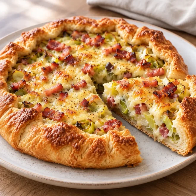 Galette rustique : poireaux, lardons et fromage