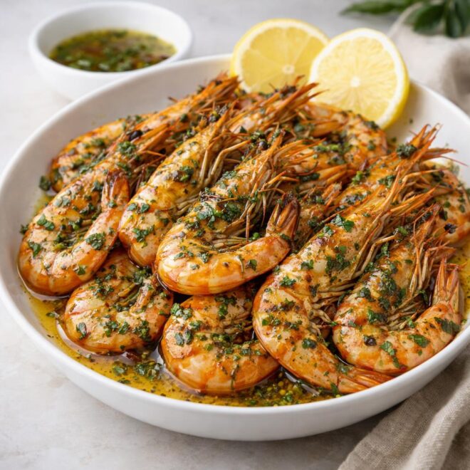 Gambas grillées au beurre d’ail et de persil au citron