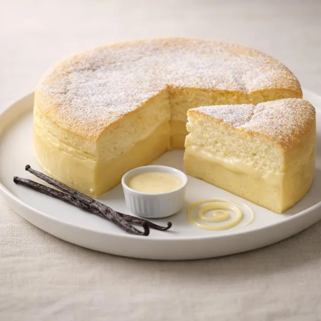 Gâteau magique léger à la vanille (triple texture flan, crème et génoise)