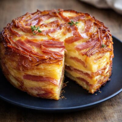 Gâteau de pommes de terre au jambon et fromage, croustillant fondant
