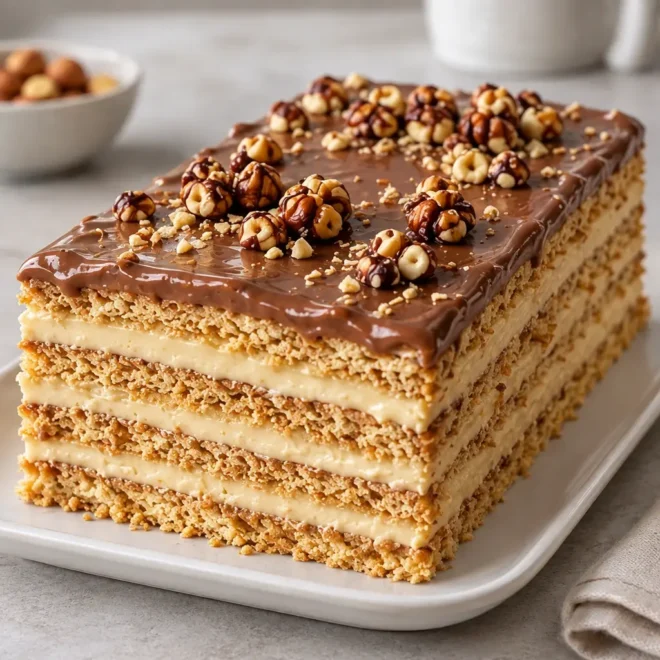 Gâteau aux biscuits et à la crème, nappé de chocolat et de noisettes