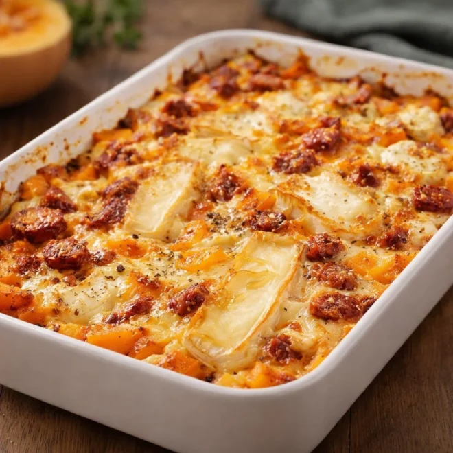 Gratin de butternut au chorizo et chèvre au four