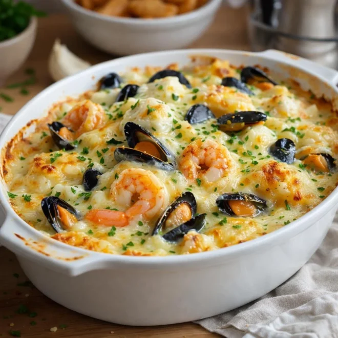 Gratin de cabillaud crevettes moules au citron