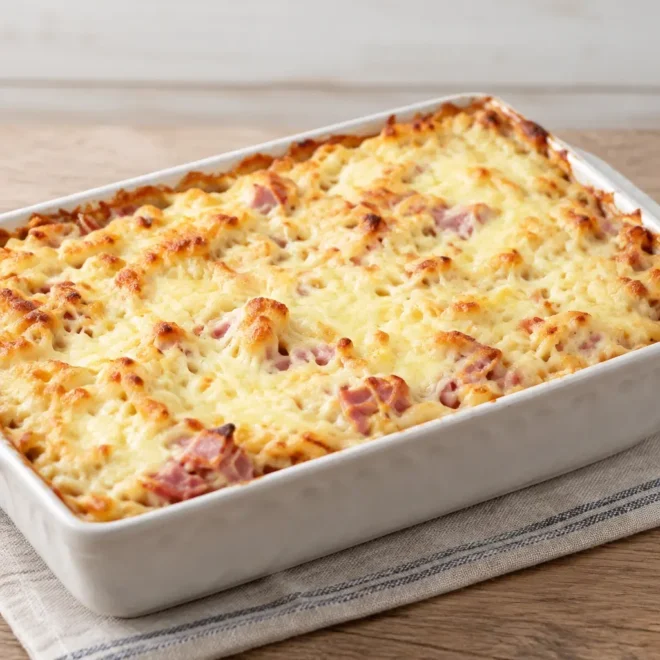 Gratin de coquillettes jambon-comté bien doré